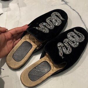 Gucci Black Velvet Mules with Crystal Snake